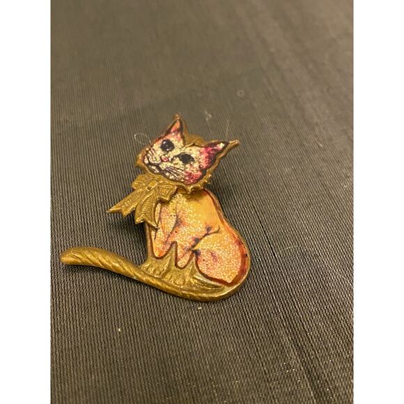 VTG Cat Booch Pin Badge w Moving Head Gold tone aluminum Glitter1.75 in. EUC - Picture 7 of 16